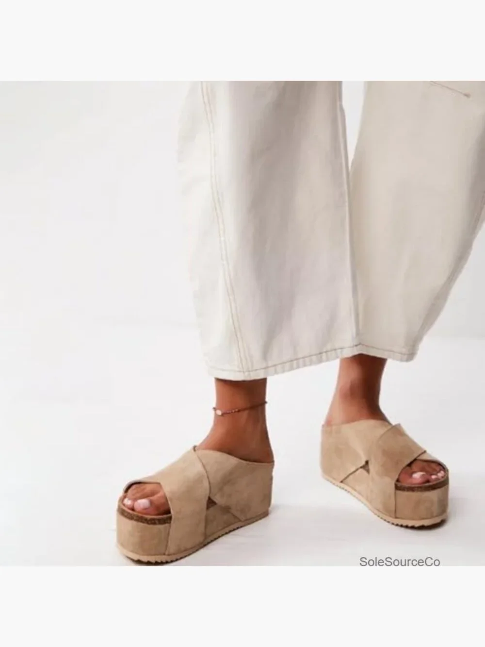 Women's Suede Platform Sandals Cork Footbed Flatform Slide Sandals Criss Cross